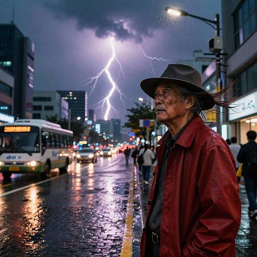 Moody Thunderstorm Cityscape with Elderly Man