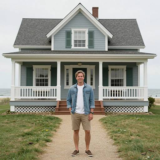 Photograph of a man in a blue jacket, white shirt, and khaki shorts standing in front of a blue-gray cottage with a white porch on