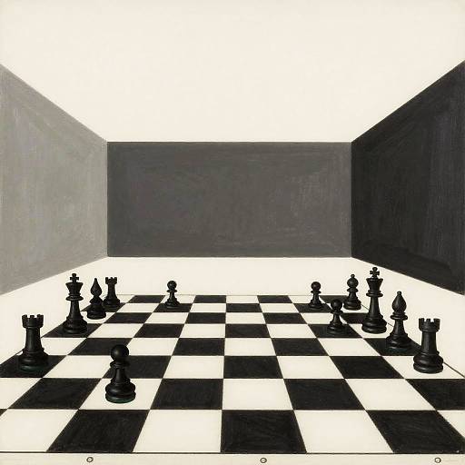 Minimalist digital artwork of a black-and-white chessboard in a stark, cube-like room with four dark gray walls. Black chess pieces are scattered across