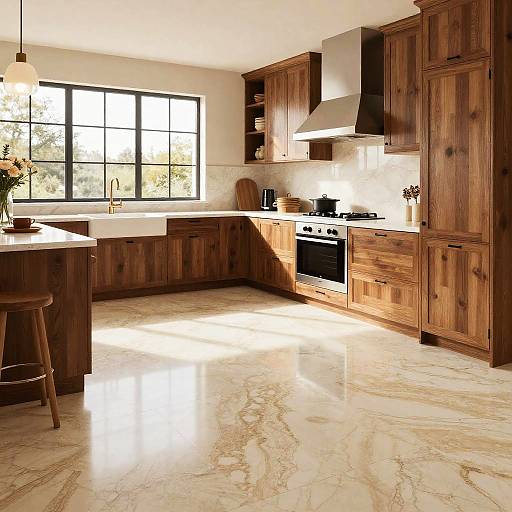 Marble Floor Kitchen with Wooden Cabinets