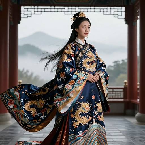 Photograph of an elegant Asian woman in a detailed navy blue dragon-patterned traditional kimono, standing in a traditional wooden pavilion with red pillars and