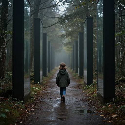 Photograph of a child in a green jacket walking down a misty, foggy forest path flanked by tall, black, vertical pillars.