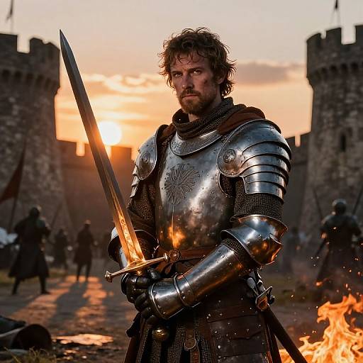Photograph-style CGI of a bearded, determined knight in shining armor holding a sword, standing in a sunset-lit, burning medieval castle courtyard.