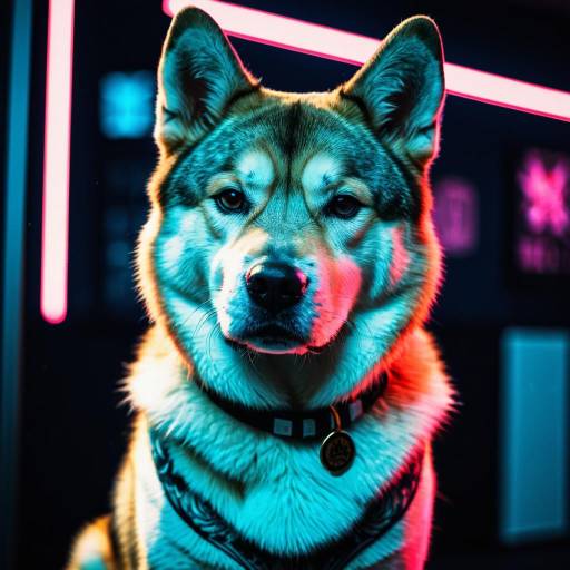 Tattooed Akita Inu Dog with Neon Lighting