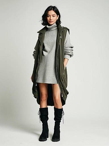 Woman in Casual Knit Dress and Olive Bomber Jacket