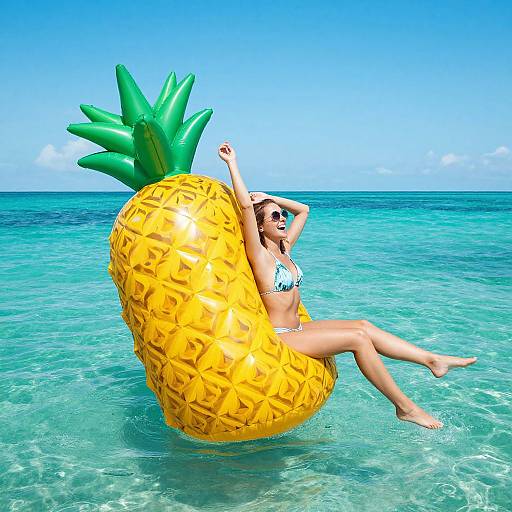 Woman Floating on Inflatable Pineapple
