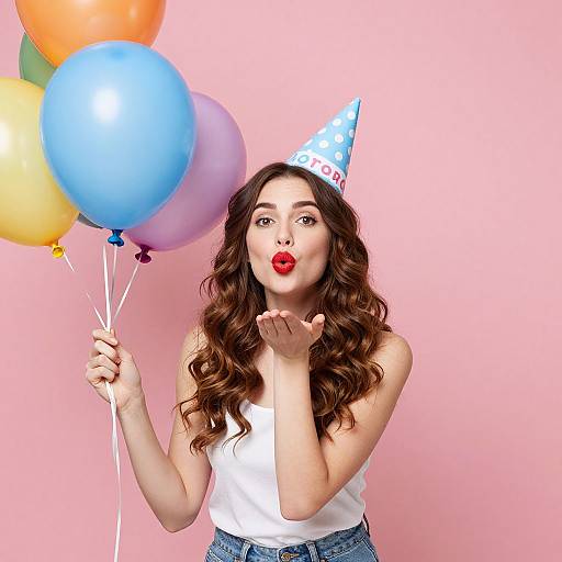Photograph of a curly-haired woman in a blue starry party hat, white tank top, and blue jeans, blowing a kiss while holding colorful balloons