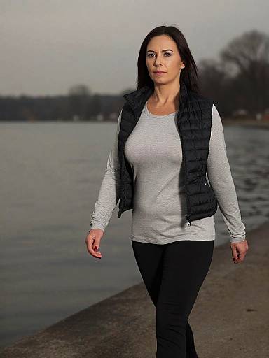 Photograph of a serious, fit woman with long dark hair, wearing a white shirt, black vest, and pants, walking along a lakeside path
