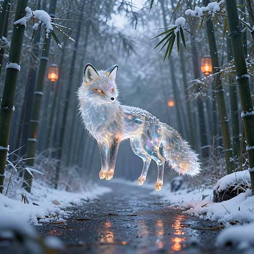 Levitating Crystal Fox in Snowy Bamboo