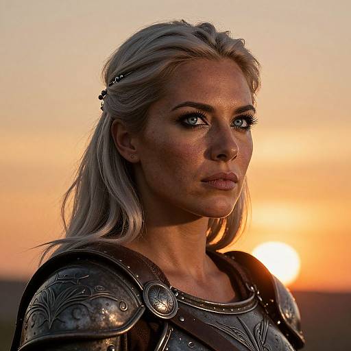 Photorealistic image of a fierce, blonde warrior woman with blue eyes, wearing ornate silver armor, set against a glowing sunset.