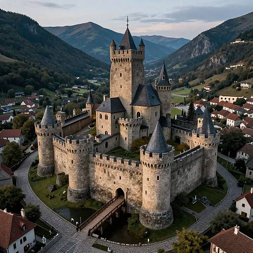 Photograph of a majestic medieval stone castle with multiple towers, surrounded by a cobblestone path, nestled in a scenic valley with mountains and scattered houses