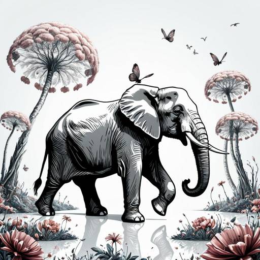 Surreal Elephant Line Art in Dreamlike Landscape