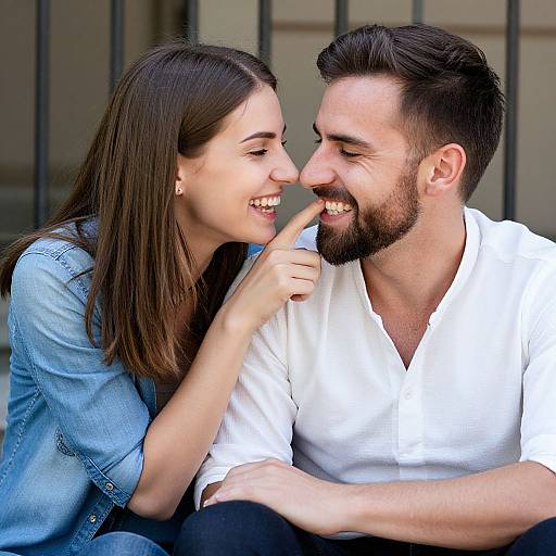 Photograph of a smiling couple with light brown hair, the woman in a denim jacket playfully touching the man's chin, both wearing white shirts,