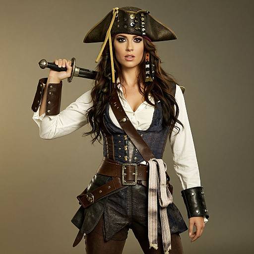 Photograph of a fierce, dark-haired woman in a pirate outfit, wearing a tricorn hat, white shirt, black vest, and holding a sword