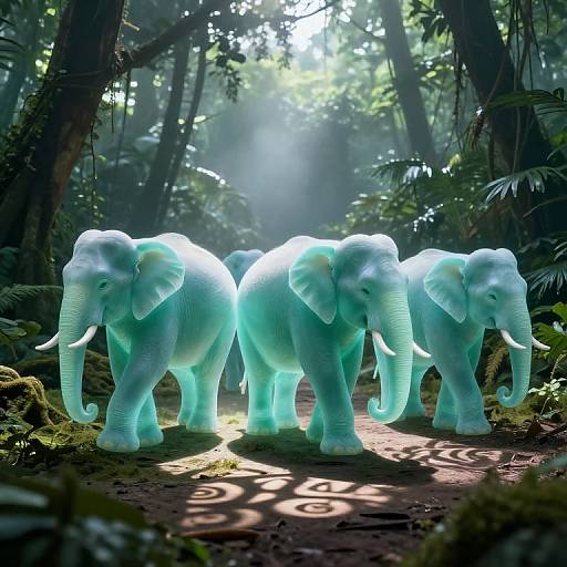 Photorealistic CGI of three glowing, translucent blue elephants standing in a sunlit, misty forest, casting ethereal shadows on the forest floor.