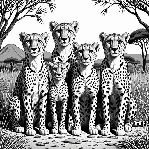 Black and White Cheetah Family Coloring Page