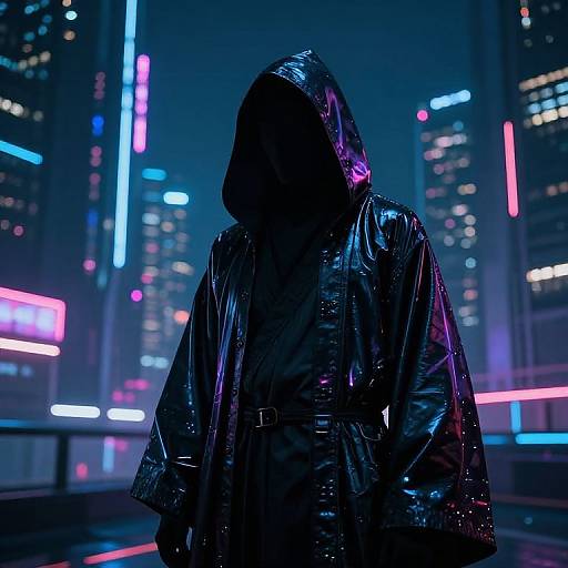 Silhouetted figure in shiny black raincoat with hood, standing in neon-lit, futuristic cityscape at night. Bright blue and pink lights