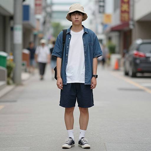 Photograph of an Asian man standing on a city street, wearing a beige hat, denim shirt, white tee, dark shorts, white socks, black