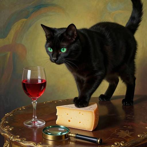 Photograph of a sleek black cat with bright green eyes, standing on a wooden table with cheese, wine glass, and magnifying glass.