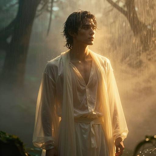 Photograph of a wet, disheveled man in a translucent white shirt and pants standing in rain, illuminated by golden sunlight in a misty forest