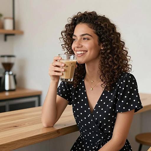 Woman Enjoying Iced Latte in Modern Coffee Bar
