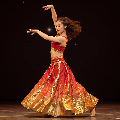 Photograph of a dancer in a red and gold sequined belly dance outfit, mid-movement, arms gracefully extended, against a black background.
