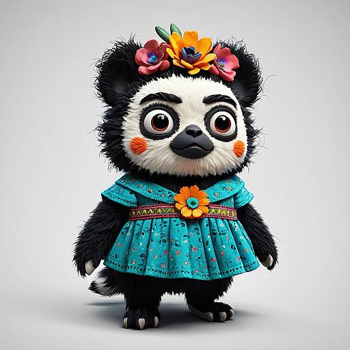 Cute CGI panda cub with black and white fur, wearing a blue floral dress, orange flower crown, and matching flower brooch.