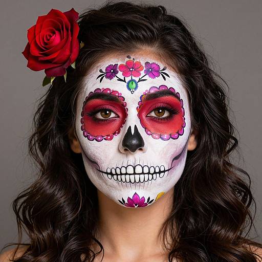 Photograph of a woman with white face paint, red eye sockets, black nose, and floral designs, wearing a red rose in her wavy black