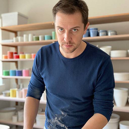 Man in Blue Thermal in Sunlit Workshop