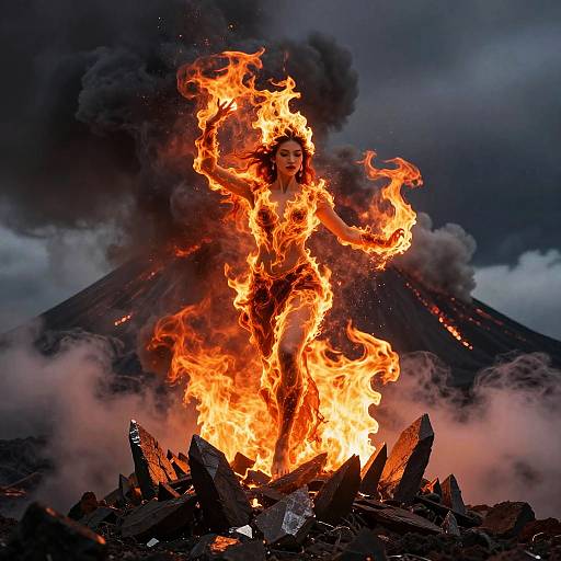 Photograph of a woman engulfed in fiery flames, standing before a volcanic eruption, with dark smoke billowing into a stormy sky.