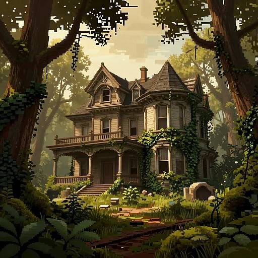 Tumbledown Victorian Mansion in Mossy Forest