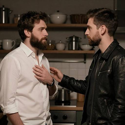 Dimly Lit Kitchen: Two Bearded Men
