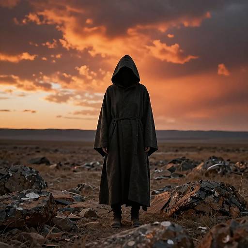 Hooded Figure in Fiery Landscape