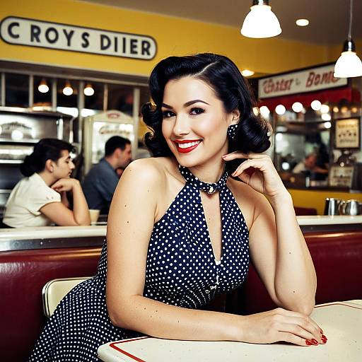 Retro 1950s Woman in Polka Dot Dress at Diner