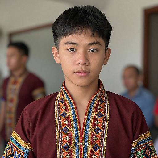 Photograph of young Asian man with short black hair, wearing ornate maroon traditional garment with colorful embroidery, standing in blurred indoor background with two ind