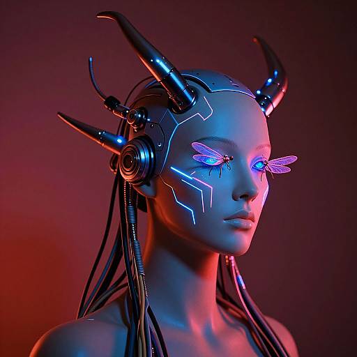 Cybernetic female with glowing blue insect eyes, black horned headgear, and neon blue and red lighting on a dark background. Digital art