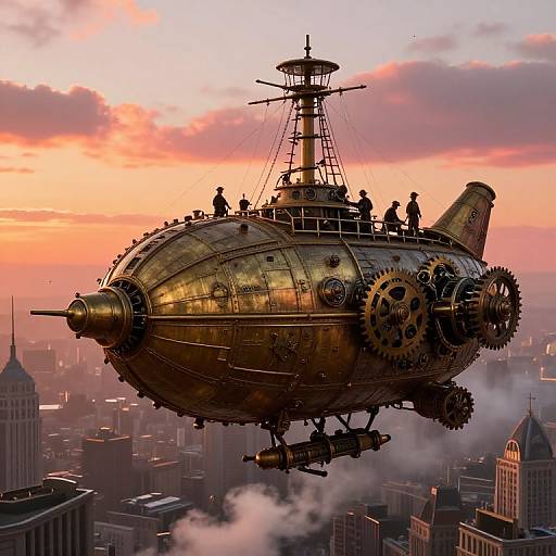 Steampunk airship with brass and copper accents, large gears, and sailors on deck, flying over a cityscape at sunset.