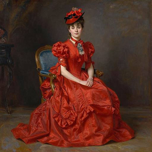 Victorian-style photograph of a fair-skinned woman with dark hair, wearing a vibrant red, ruffled gown and black hat, seated on an orn