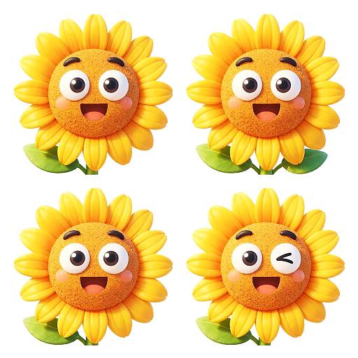 Four digital cartoon sunflowers with cheerful, expressive faces: two with wide eyes, one winking, and one smiling. Bright yellow petals, orange centers