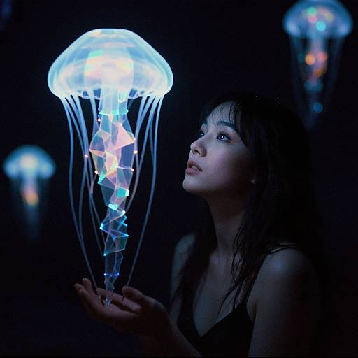 Photograph of an Asian woman with wet black hair, holding a glowing, bioluminescent jellyfish with colorful, gem-like patterns in a dark