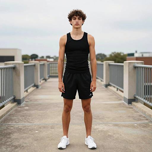Photograph of a young, athletic man with curly brown hair, wearing a black tank top, black shorts, and white sneakers, standing on a concrete
