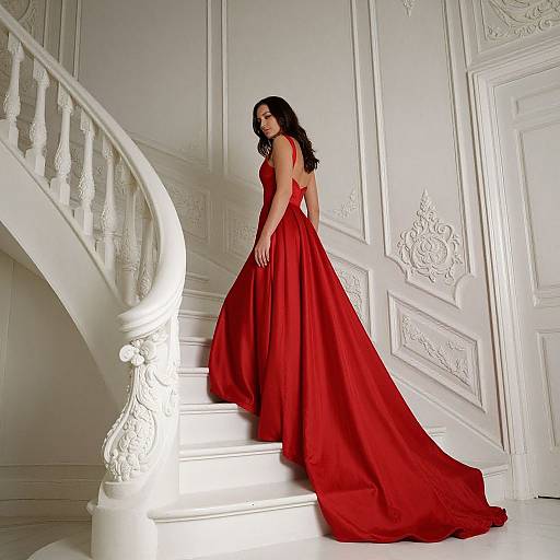 Photograph of a woman with long black hair in a red, floor-length evening gown, descending a white, ornate staircase in an elegant, white