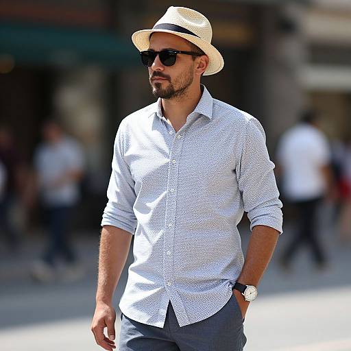 Photograph of a stylish, bearded man in a white, patterned shirt, dark sunglasses, beige straw hat, and gray pants, walking confidently