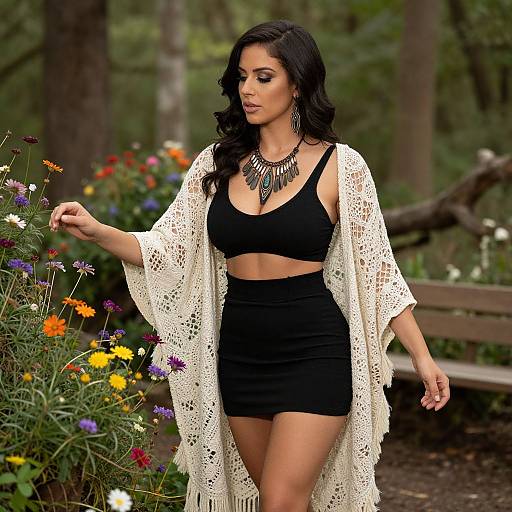 Photograph of a woman with long black hair, wearing a black crop top, black shorts, white lace shawl, and statement necklace, gently touching