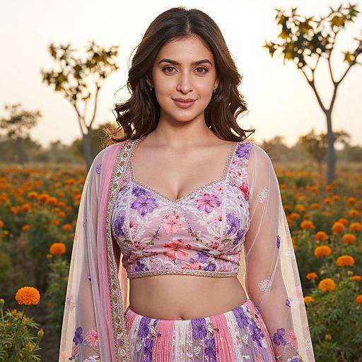 Photograph of a young South Asian woman with long, wavy dark hair, wearing a floral-embellished, sheer, pastel pink and