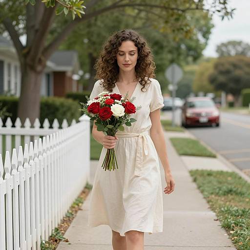 Woman with Bouquet Walking on Sidewalk