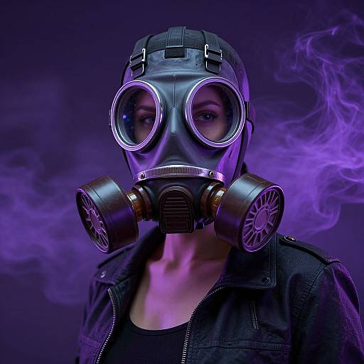 Photograph of a person wearing a black gas mask with circular goggles and large metal canisters, surrounded by purple smoke, against a dark purple background.