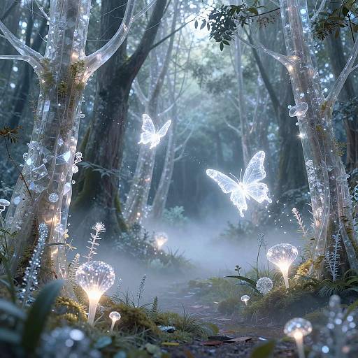 Crystal Forest with Glowing Butterflies