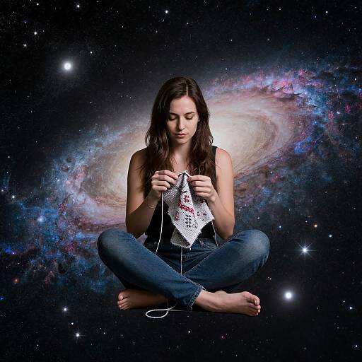 Photograph of a young woman with dark hair, sitting cross-legged, holding a patterned card against a cosmic galaxy backdrop. She wears jeans and a
