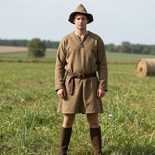 Photograph of a young man in a brown medieval-style tunic, belt, and hat, standing in a grassy field with a hay bale